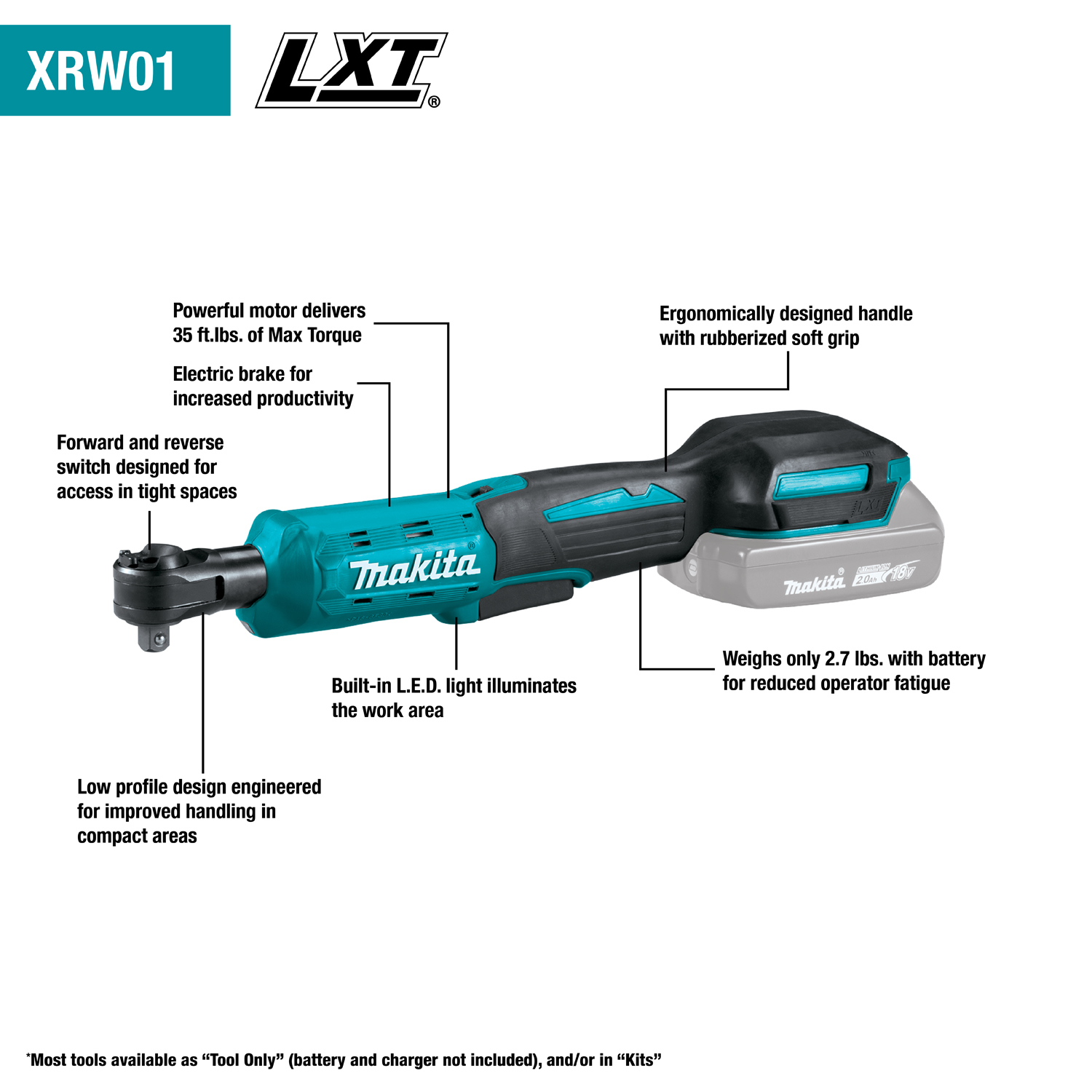 Makita 18V LXT Cordless 3/8 Inch x 1/4 Inch Square Driver Ratchet (Tool Only) from GME Supply