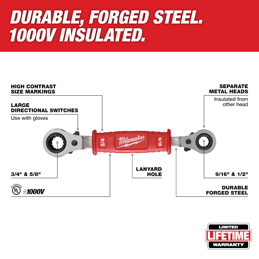 Milwaukee Lineman's 4-in-1 Insulated Ratcheting Box Wrench from GME Supply