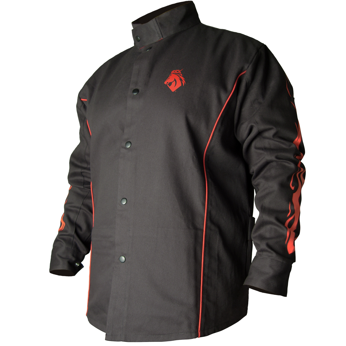 Black Stallion BX9C BSX Contoured FR Cotton Welding Jacket, Black with Red Flames from GME Supply