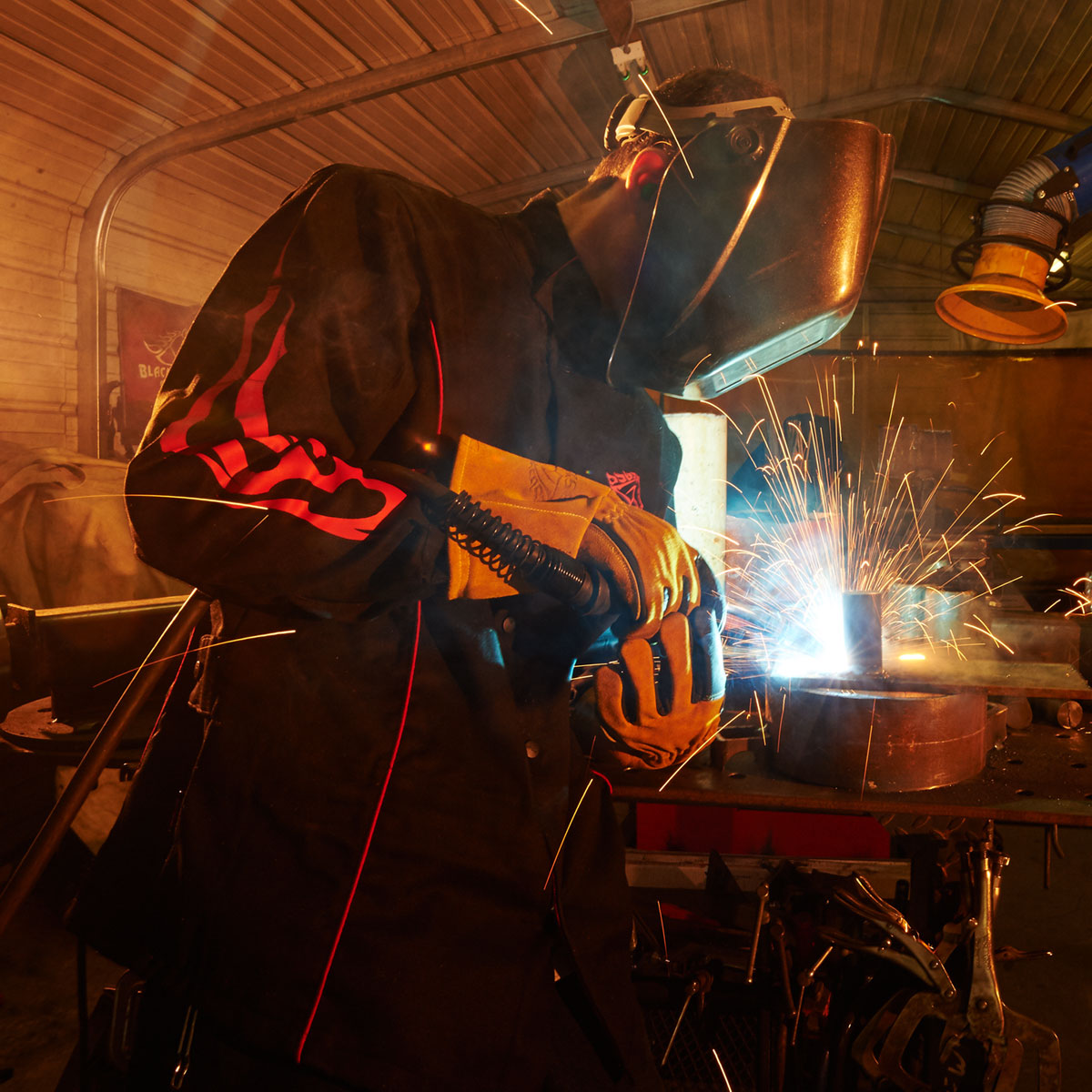 Black Stallion BX9C BSX Contoured FR Cotton Welding Jacket, Black with Red Flames from GME Supply