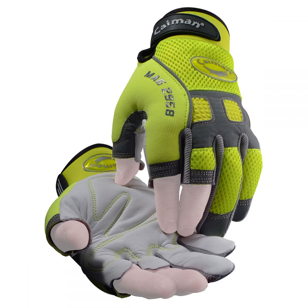 Caiman Sheep Grain Hi-Vis Reflective Back Partial Fingerless Mechanics Gloves from GME Supply