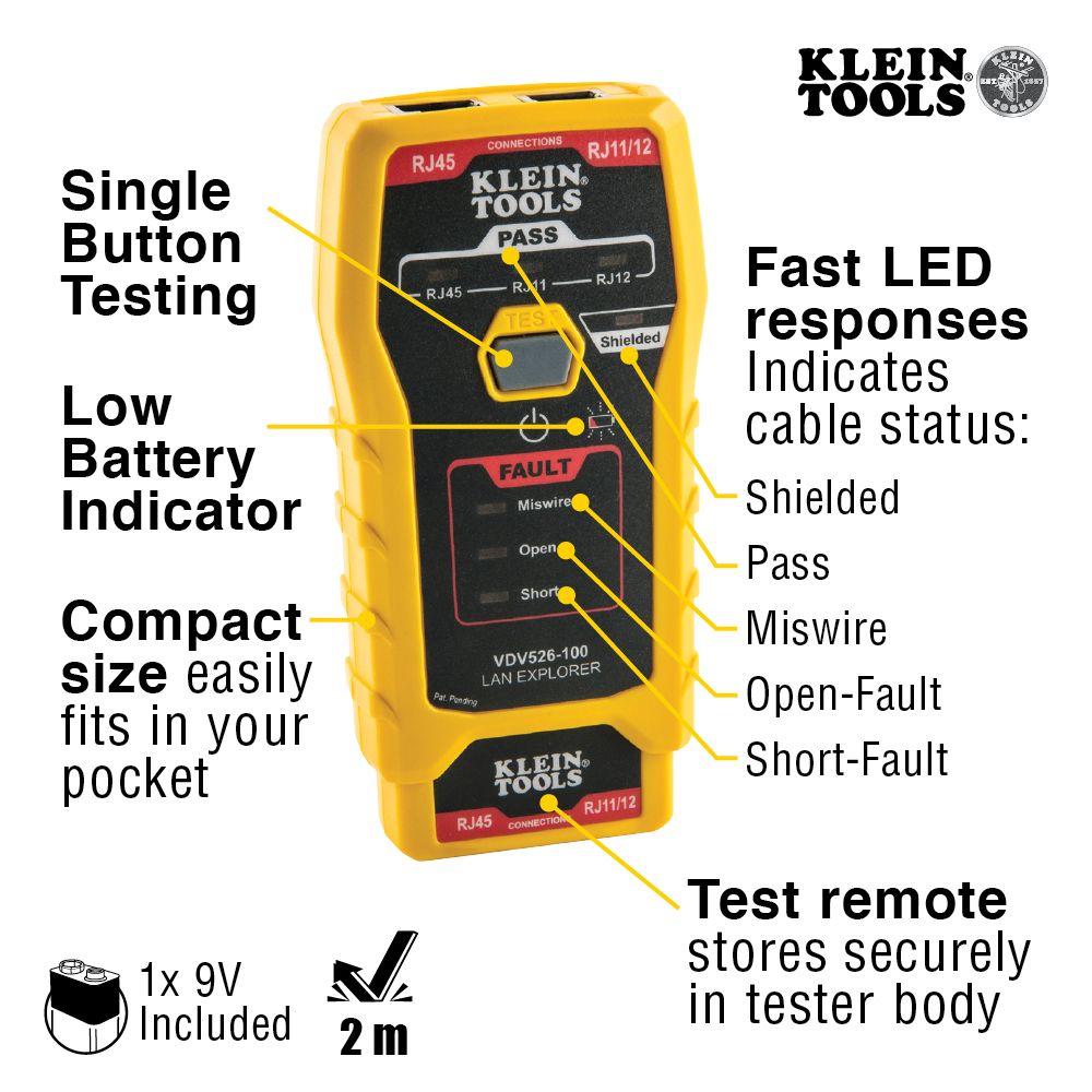 Klein Tools VDV526-100 Network Cable Tester, LAN Explorer Data Cable Tester with Remote from GME Supply